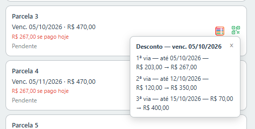 O aluno vê as datas e valores de desconto de cada parcela