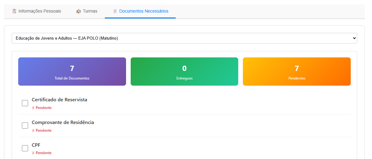 Controle de documentos exigidos por aluno, com status de entrega