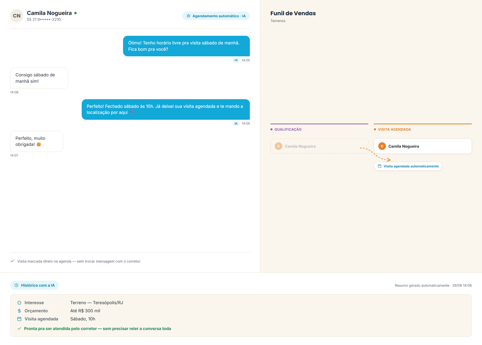 Lia agendando a visita, movendo o card para Visita Agendada e gerando um resumo automático da conversa para o corretor