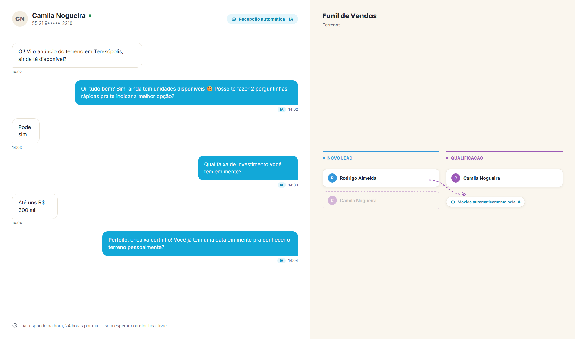 Lia recepcionando e qualificando um lead pelo WhatsApp, e movendo o card automaticamente da coluna Novo Lead para Qualificação no funil